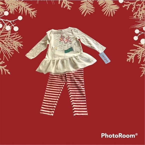 Cat & Jack Baby Girls Christmas Reindeer Striped 2 pc Outfit Set Size 18M - Picture 1 of 14